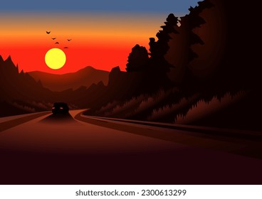 Car driving toward sunset. Vector landscape illustration