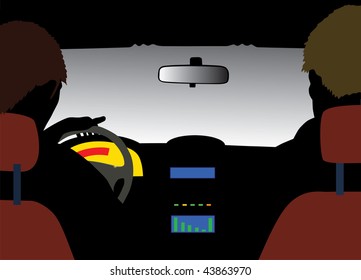 Ilustración vectorial de conducción automovilística. Vista desde el interior hasta el lado del parabrisas.