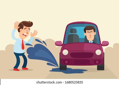 A car drove into a muddy puddle and splashes dirty water to pedestrian on the sidewalk. Bad and discourtesy driver. Vector illustration, flat design, cartoon style, front view.