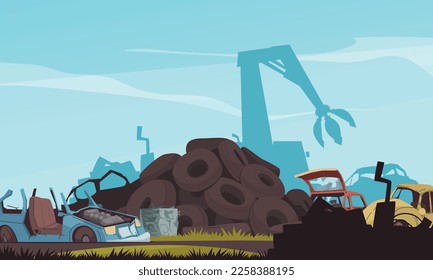 Car dump cartoon composition with crushed auto landfill vector illustration