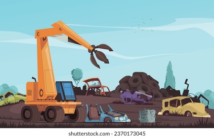 Car dump cartoon composition with crushed auto landfill vector illustration