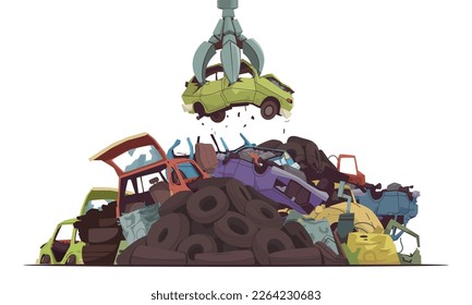 Car dump cartoon concept with auto crushing equipment vector illustration