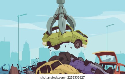 Car dump cartoon concept with crushed auto heap vector illustration