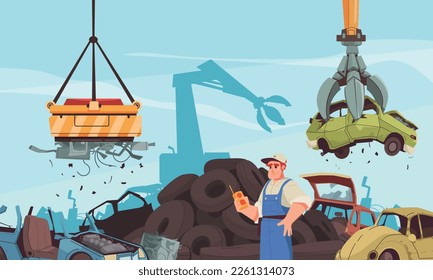 Car dump cartoon concept with handyman operating auto crushing machinery vector illustration