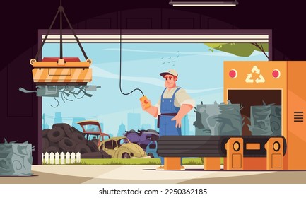 Car dump cartoon concept with worker operating auto crushing machine vector illustration