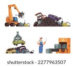 Car dump cartoon icons set with crushed autos isolated vector illustration