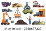 Car dump cartoon icons set with broken and crushed autos landfill isolated vector illustration