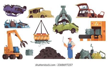 Iconos de caricatura de volcado de coches ajustados con ilustraciones vectoriales aisladas de llenado de autos rotos y triturados