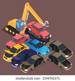 Car dump junkyard isometric 3d vector illustration concept for banner, website, illustration, landing page, flyer, etc.