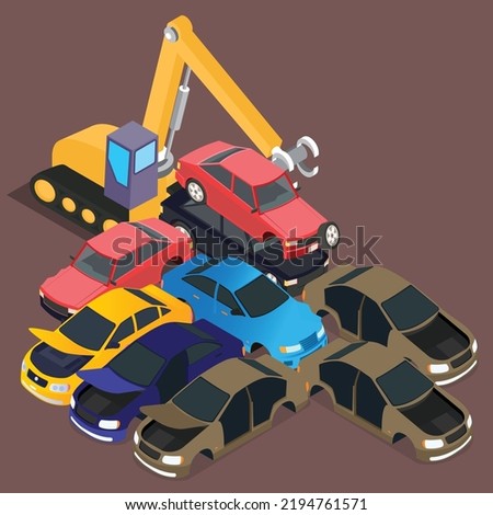 Car dump junkyard isometric 3d vector illustration concept for banner, website, illustration, landing page, flyer, etc.