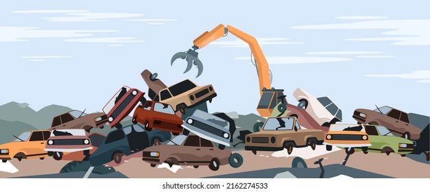 Car dump junkyard landscape and metal pile vector illustration  Cartoon steel crane working  dismantling scrapyard and old broken   crushed parts auto vehicles  abandoned landfill background