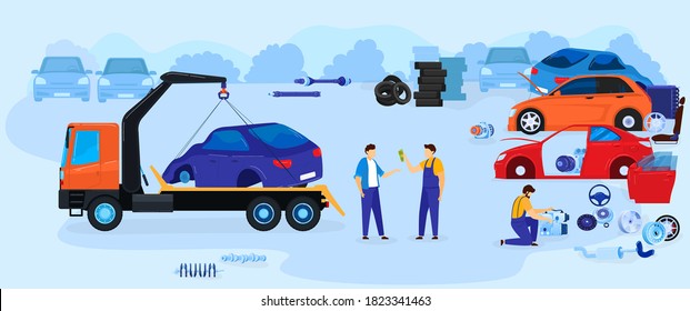 Car dump junkyard vector illustration vector illustration. Cartoon flat junk yard landscape with old auto car for recycling, repairman mechanics work with scrap metal from automobile parts background