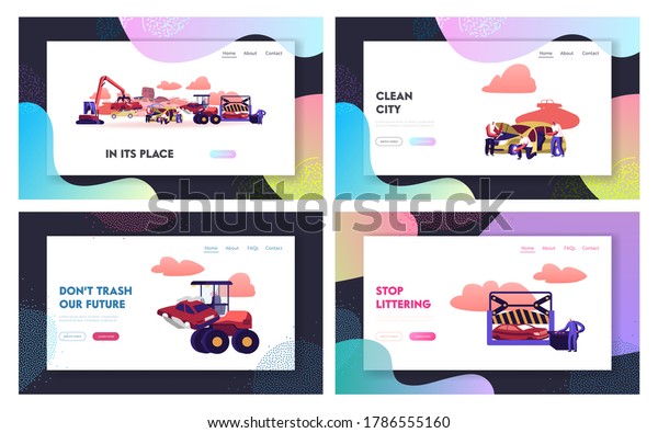 Car Dump Landing Page Template Set.\
Industrial Crane Claw Grabbing Old Car for Recycling, Automobiles\
Utilization Characters Dismantling Auto for Scrap Metal. Cartoon\
People Vector Illustration
