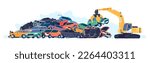 Car dump with metal piles of old or broken machines. Steel crane lifting automobile. Auto scrap. Damaged vehicles junkyard. Transport recycling. Landfill garbage heap