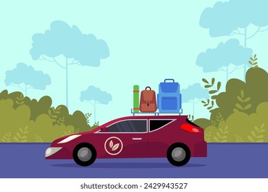 Car with eco logo and suitcase, backpack and mat on roofrack vector illustration. Electric car driving on road. Eco travel and staycations concept.