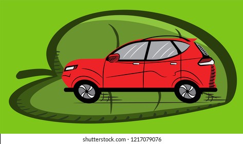 Car. Eco-Friendly Red Car on Green Background. World Carfree Day. Icon. Sketch. Symbol. Sign. Stock Vector Illustration. Transparent. Print