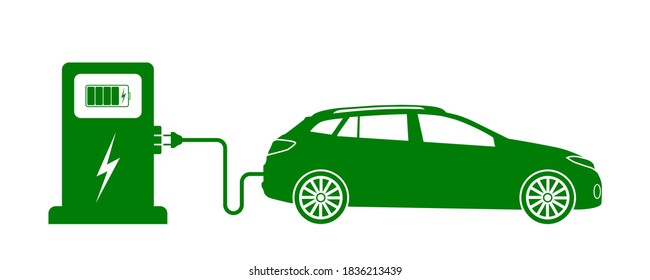 Car Electric Charge. Icon Of Vehicle Charge Station. Green Eco Charger. Symbol Of Nature Energy. Sign For Hybrid Motor. Fast Electro Charging To Fuel Auto Battery. Station, Plug And Cable. Vector.