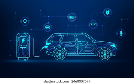 car electric charger circuit with technology icon on blue dark background. ev car concept. automobile charging device station. alternative sustainable transport. vector illustration.