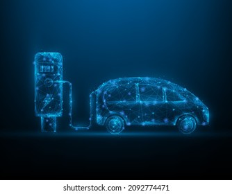 car electric charger low poly wireframe. electrified future transportation concept. EV charger modern. isolated on blue dark background. vector illustration digital futuristic style.