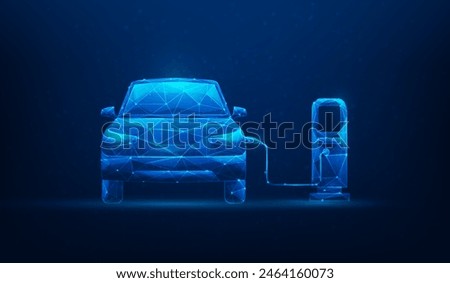 car electric digital technology on blue dark background. ev charger. transportation renewable energy. vector illustration low poly wireframe.