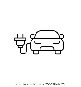 Coche y enchufe eléctrico. Estación de carga de vehículos eléctricos. Movilidad verde, bajando el escape. Icono de Vector perfecto de píxeles