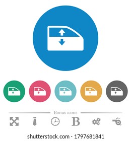 Car electric window winder flat white icons on round color backgrounds. 6 bonus icons included.