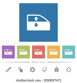 Car electric window winder flat white icons in square backgrounds. 6 bonus icons included.