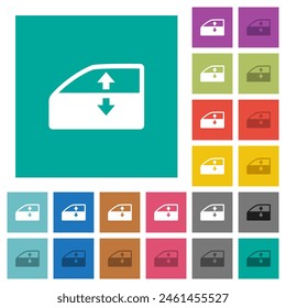 Auto elektrische Fensterheber mehrfarbige flache Icons auf schlichten quadratischen Hintergründen. Weiße und dunklere Symbolvarianten für fahrene oder aktive Effekte enthalten.