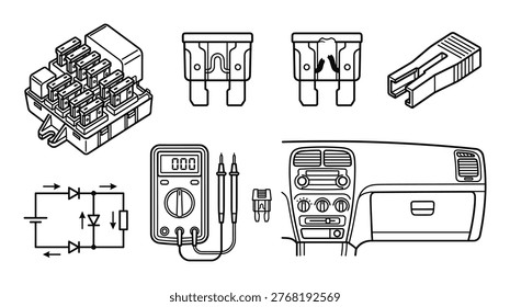 Car electrical system diagnostic set including blade fuses fuse puller circuit diagram and multimeter measuring tool