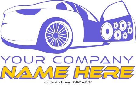 logotipo de la empresa de electrónica de automóviles. auto rápido bien sonado con muchos altavoces en la puerta 