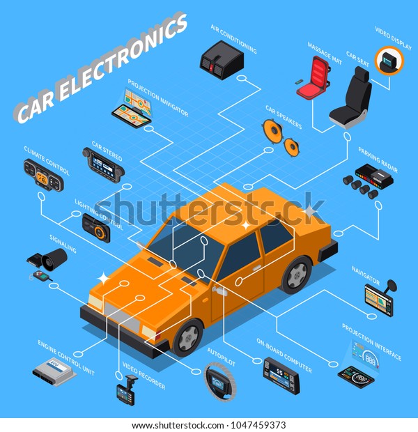 Car electronics\
isometric composition with massage seat symbols on blue background\
isometric vector illustration\
