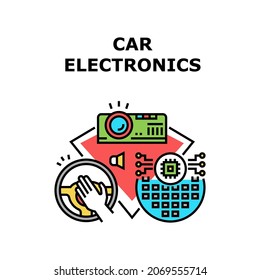 Car Electronics Vector Icon Concept. Tuning Microchip On Dashboard And Audio Sound Digital System, Klaxon And Mini Projector Car Electronics. Automobile Technology Color Illustration