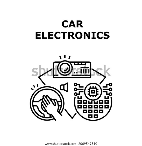 Car\
Electronics Vector Icon Concept. Tuning Microchip On Dashboard And\
Audio Sound Digital System, Klaxon And Mini Projector Car\
Electronics. Automobile Technology Black\
Illustration