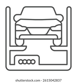 Car with elevator thin line icon, car service concept. Vector graphics. Cargo lift for motor vehicle repair, changing parts sign on white background, outline style icon for mobile or web design