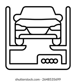 Car with elevator thin line icon, car service concept. Vector graphics. Cargo lift for motor vehicle repair, changing parts sign on white background, style mobile or design