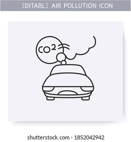 Car Emissions, Line Icon. Co2 Car Exhaust Cloud. Industrial Smog, Biohazard Emissions. Greenhouse Effect. Environment Pollution And Ecology Damage Concept. Isolated Vector Illustration. Editable Stroke