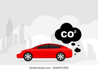 Car emits carbon dioxide. Car emits CO2 clouds. Cars air pollution concept. Smoke from car cover the city and the sky. Illustration for save environmental, ecology and atmosphere