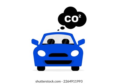 Car emits carbon dioxide. Car emits CO2 clouds. Cars air pollution concept. Illustration for save environmental, ecology and atmosphere. Concept of clean ecosystem. Vector illustration
