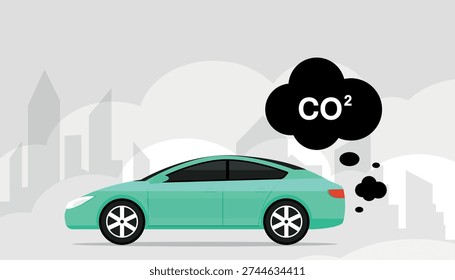 Car emits carbon dioxide. Car emits CO2 clouds. Cars air pollution concept. Smoke from car cover the city and the sky. Illustration for save environmental, ecology and atmosphere