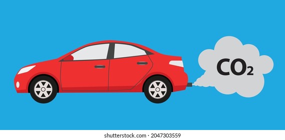 Car emits carbon dioxide, environmental problems, vector illustration