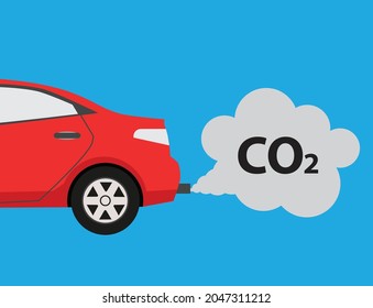 Car emits carbon dioxide, environmental problems, vector illustration