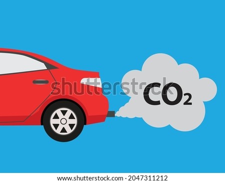 Car emits carbon dioxide, environmental problems, vector illustration