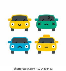 Car emoji, car face character smiles colors icons set vector illustration isolated on white background