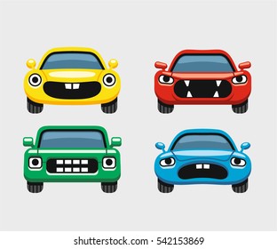 Car emoticon, colorful expressive funny car face character, smiles icons set