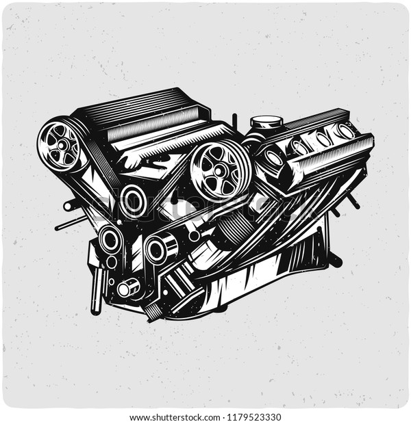 Car engine. Black and white\
illustration. Isolated on light backgrond with grunge noise and\
frame.