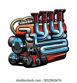 Car engine, colorful print, t-shirt design for boys. Vector illustration, vehicle part, textile decoration. Cartoon style. Isolated on white background