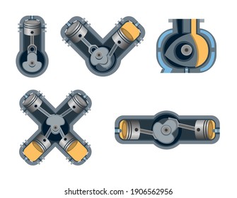 Car engine combustion collection set. Inline, Rotary, Boxer V and X engine in xray symbol concept illustration vector