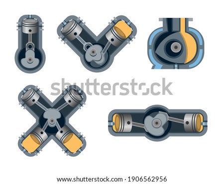 Car engine combustion collection set. Inline, Rotary, Boxer V and X engine in xray symbol concept illustration vector