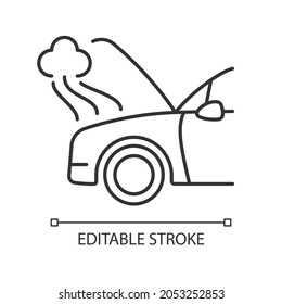 Car engine damage linear icon. Front end collision. Mechanical breakdown. Broken transmission. Thin line customizable illustration. Contour symbol. Vector isolated outline drawing. Editable stroke