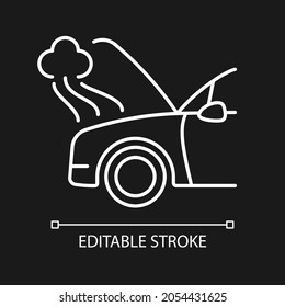 Car engine damage white linear icon for dark theme. Front end collision. Mechanical breakdown. Thin line customizable illustration. Isolated vector contour symbol for night mode. Editable stroke